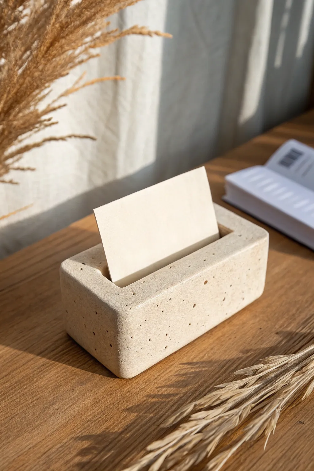 Simple handbuilt clay slot photo holder, minimal and warm, perfect for a calm desk vignette