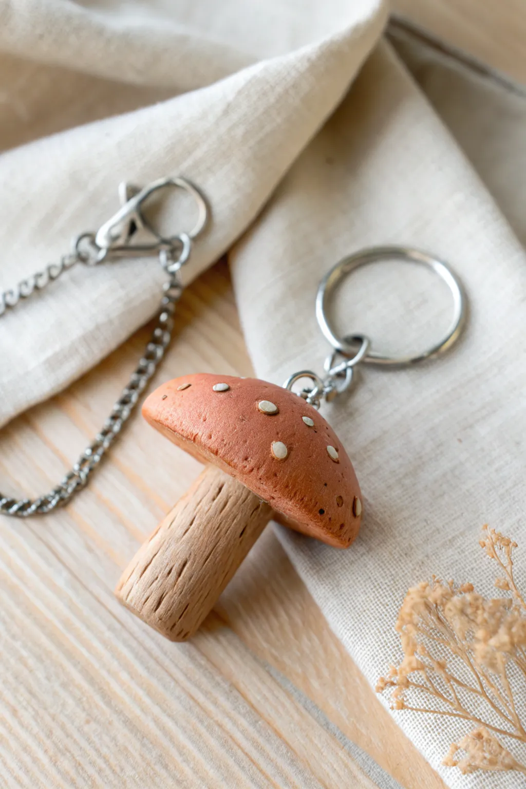 Chunky clay mushroom keychain charm with a pocket-proof stem and clean minimalist finish.