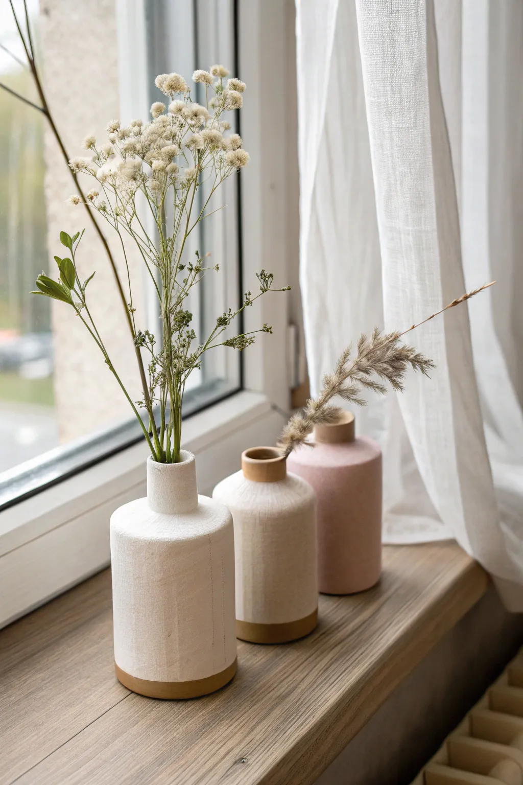 Three slab-built bud vases with matte glaze, each showcasing a single stem in soft window light