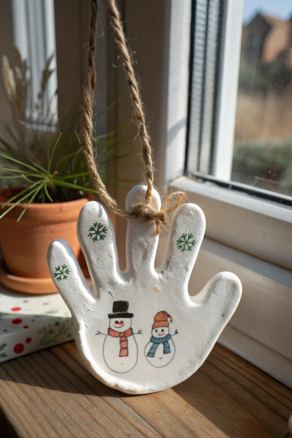 Sweet snowman family handprint ornament, minimalist and cozy with tiny hats and scarves.