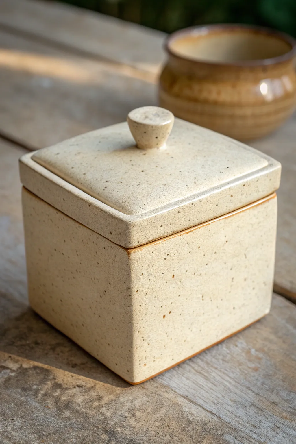 Minimal textured slab box with sculptural knob, clean corners, handmade calm for your shelf.
