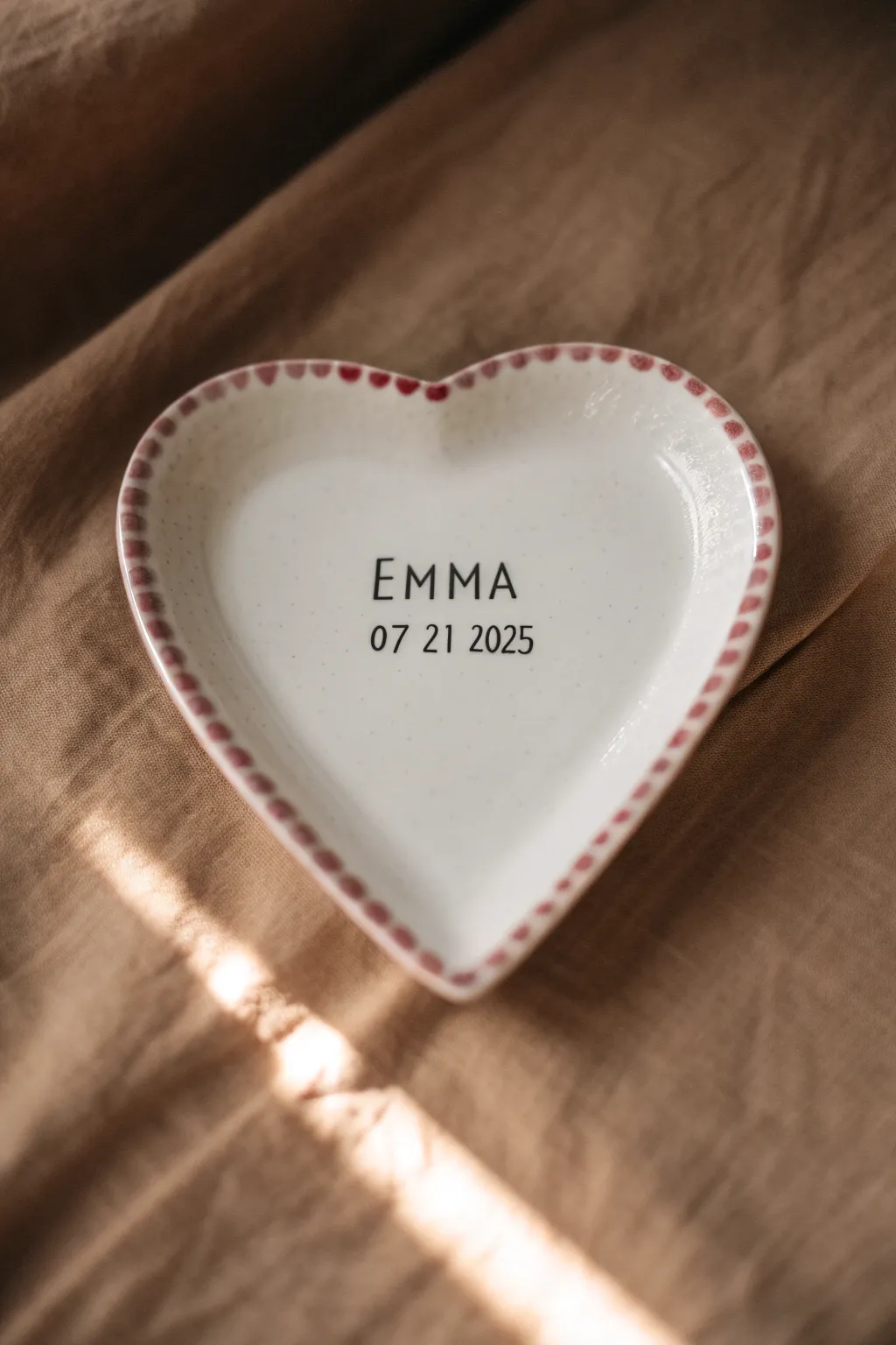 Minimal heart plate with a painted border and personalized name and date, perfect for gifting.