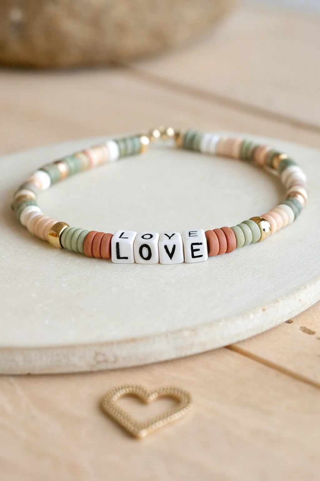 Minimal heishi clay bracelet with tiny LOVE beads and a simple heart accent on warm linen.
