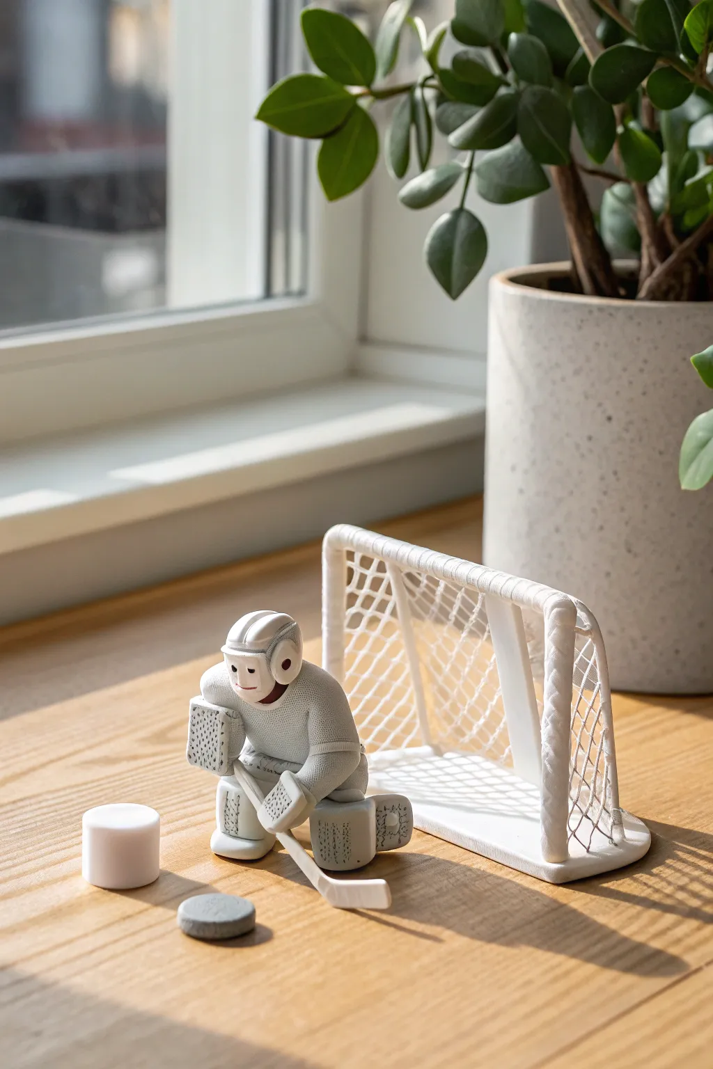 Mini clay goalie in the net scene with a puck, styled in soft Scandinavian boho tones