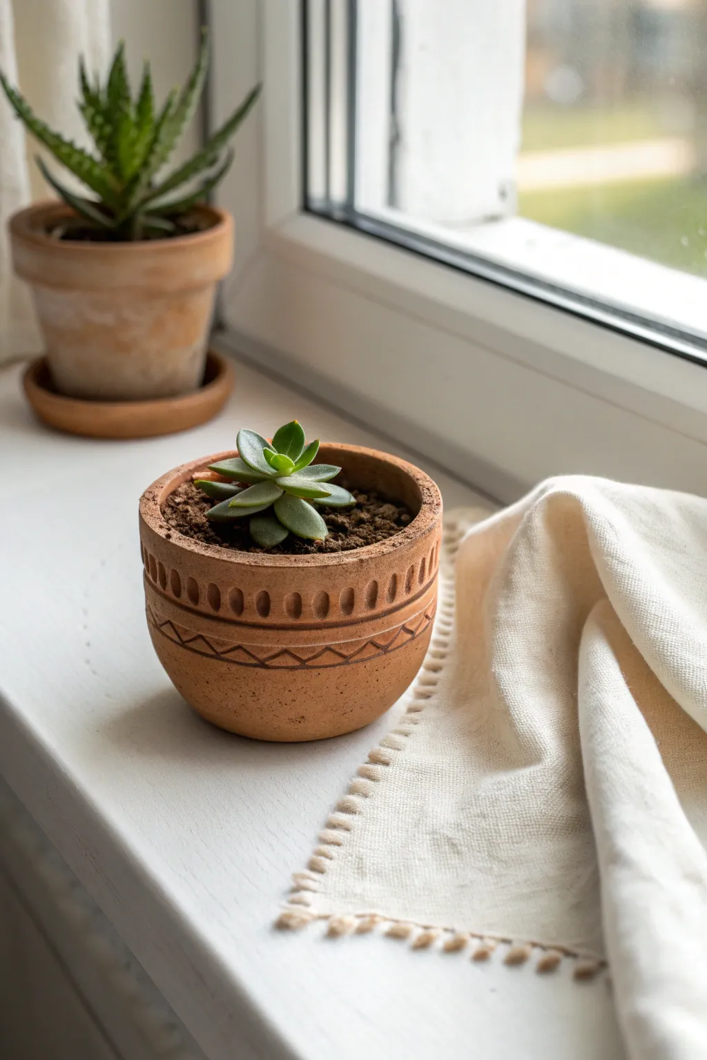 Simple succulent pinch pot in bright natural light, minimalist and boho, easy homemade clay idea