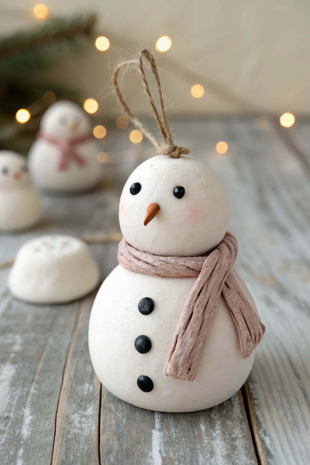 Chunky handmade clay snowman ornament with tiny scarf and coal buttons, cozy rustic charm.