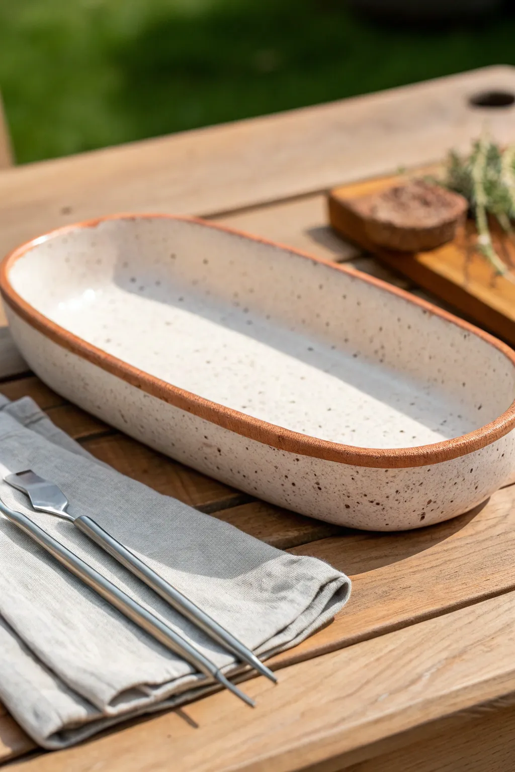 Minimalist handmade clay grill-tool rest for the BBQ dad, styled outdoors with clean Nordic vibes.
