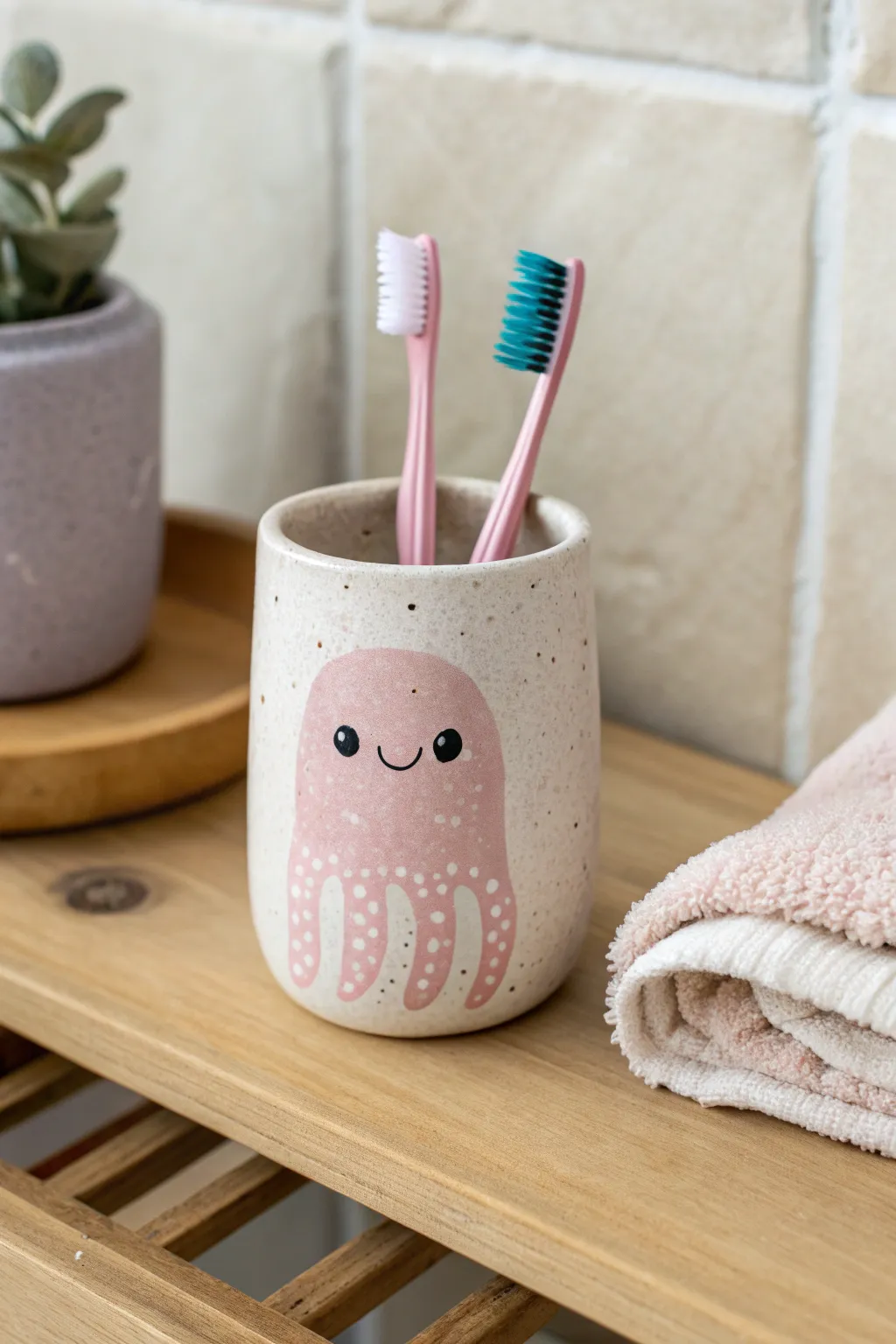 Sweet pastel octopus cup that holds two toothbrushes, minimal and handcrafted for a calm bathroom.