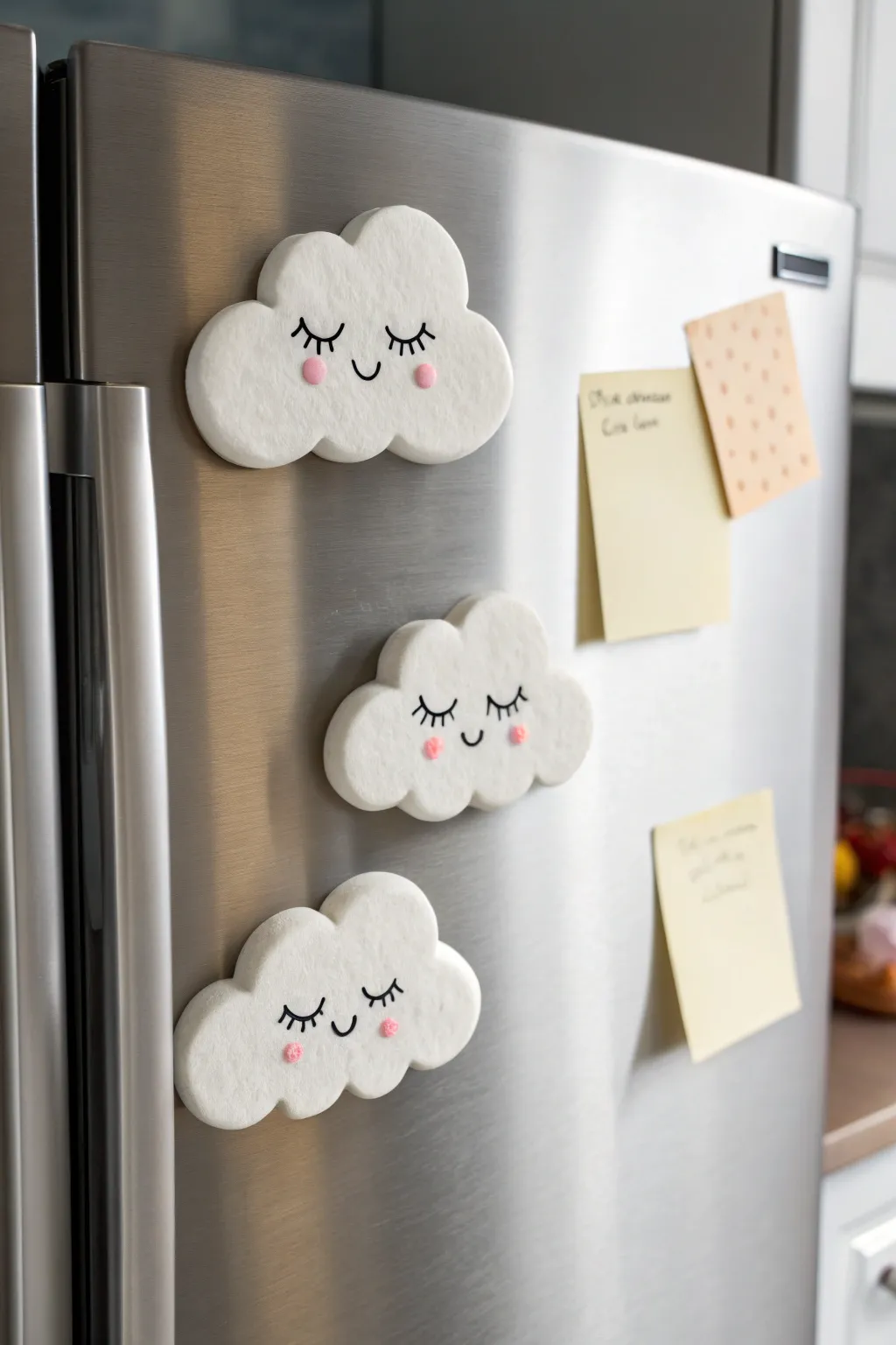 Sleepy cloud clay magnets with rosy cheeks, a minimal boho touch for your fridge notes.