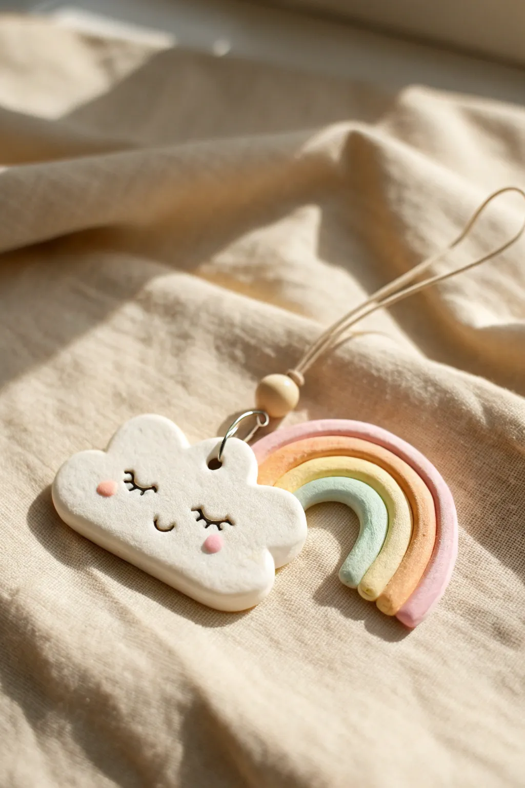 Pastel cloud-and-rainbow clay charm with sweet dot eyes, minimalist and handmade.
