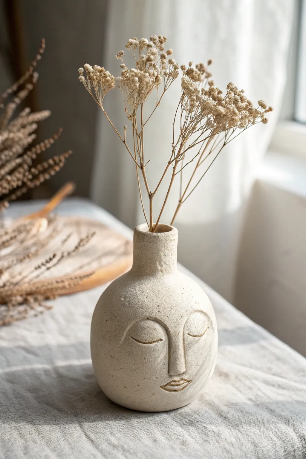 Minimal face bud vase in matte clay, styled with dried stems for soft Scandinavian calm.