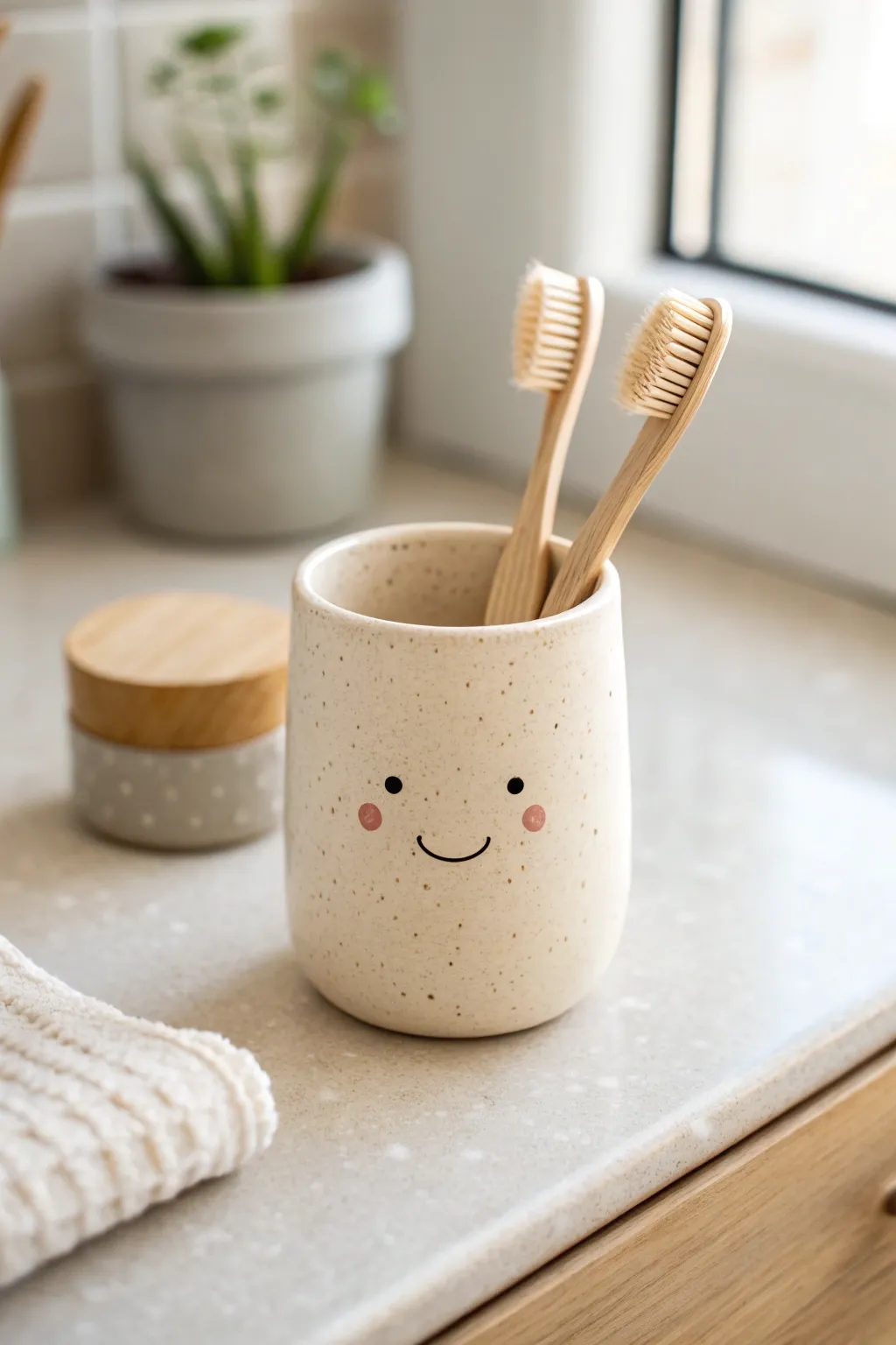 A sweet minimalist clay toothbrush holder with a tiny face, perfect for a calm boho bathroom.