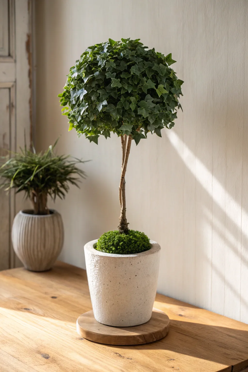 A crisp ivy ball topiary in a matte ceramic pot for calm, minimalist planter styling.