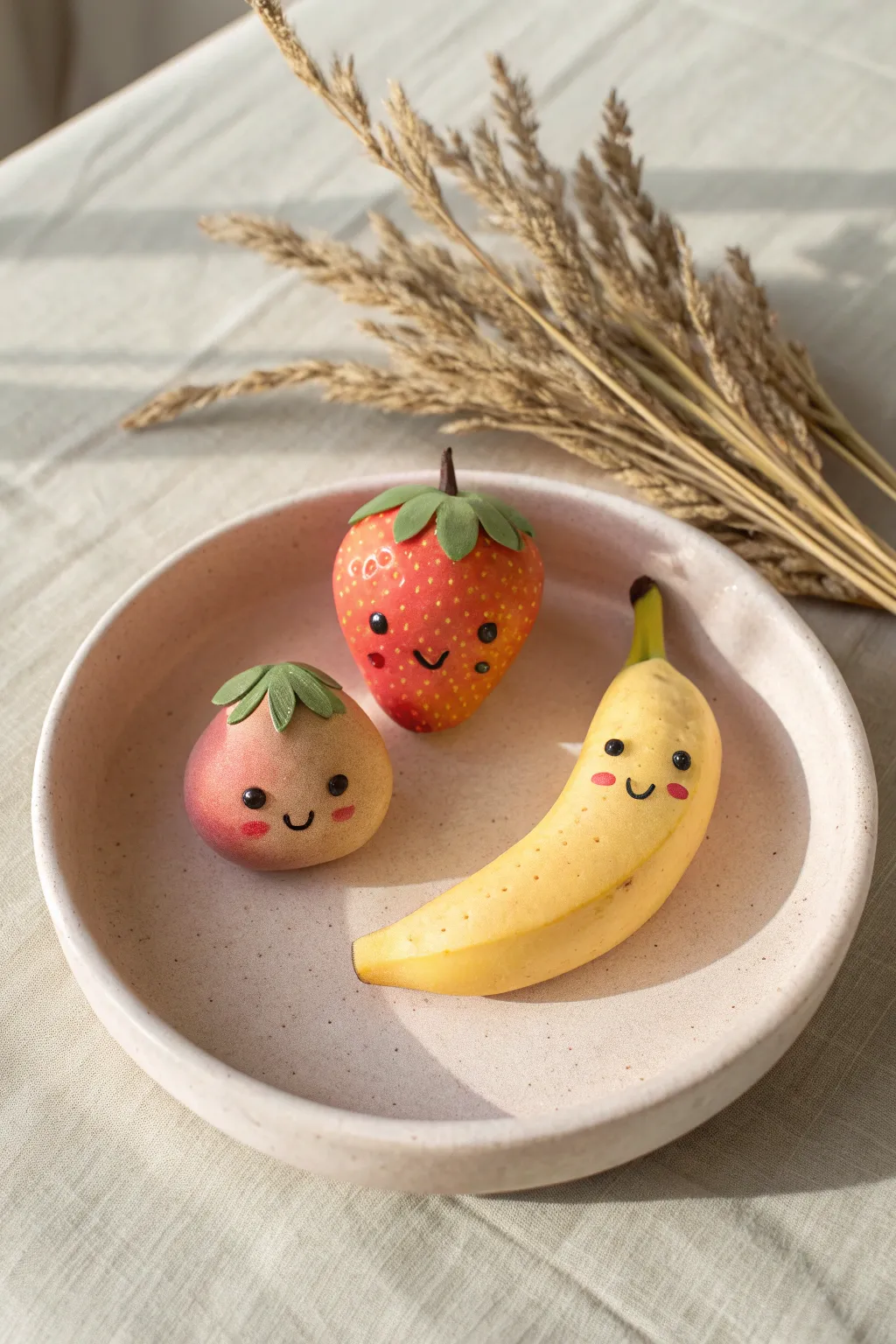 Kawaii air dry clay fruit family on a pastel plate, minimalist and boho, sweet tiny faces