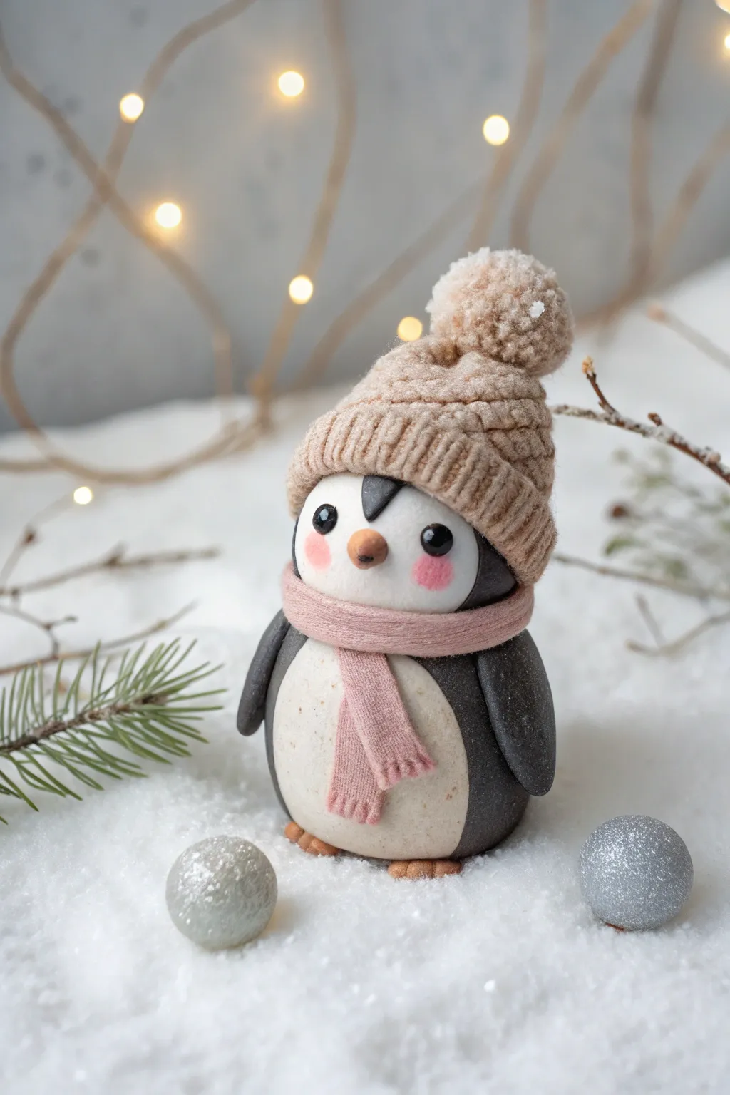 Kawaii clay penguin in an oversized winter beanie and scarf, perfect for a cozy Christmas shelf