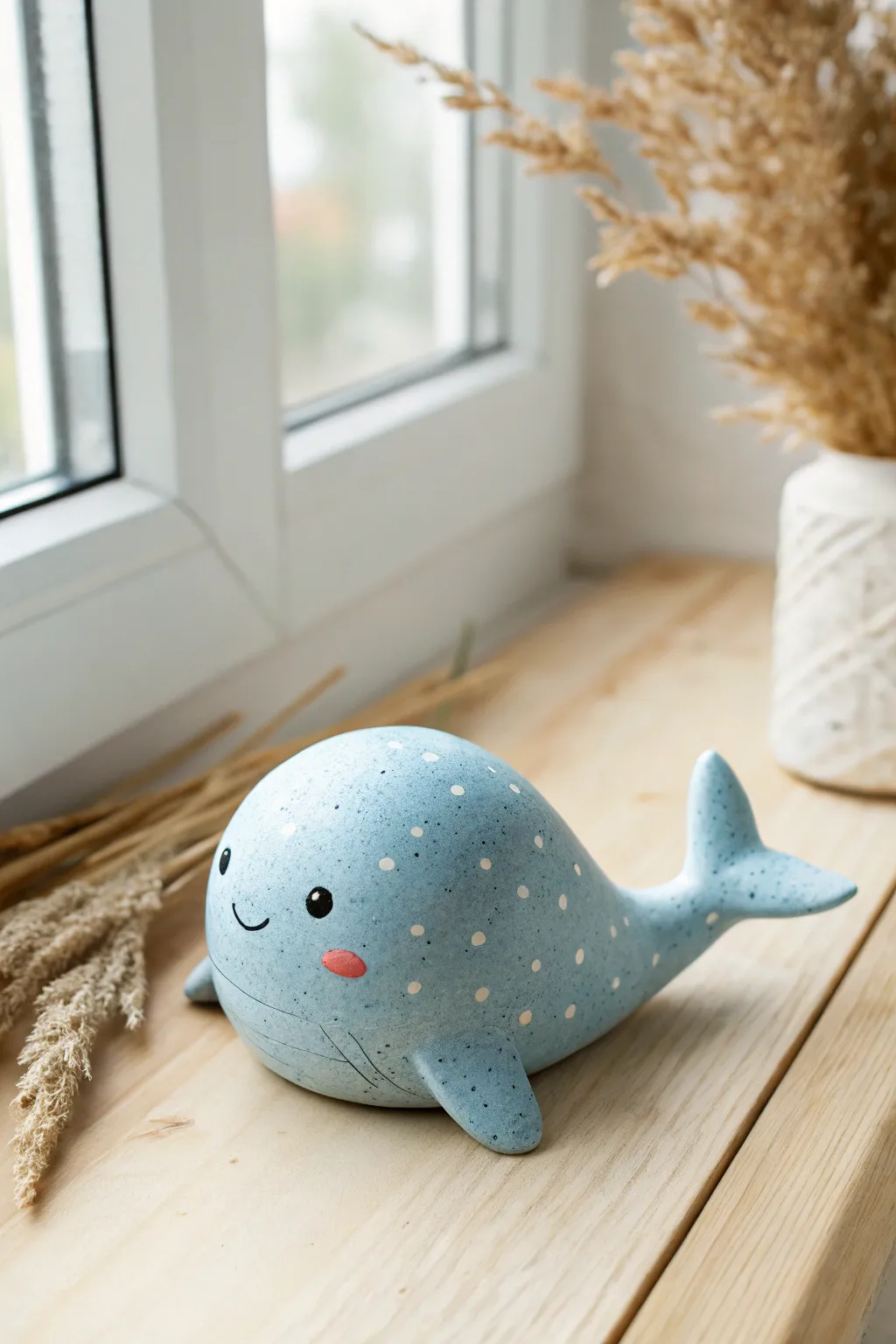 Chubby baby-blue kawaii whale with blush cheeks, a sweet minimalist desk buddy for beginners.