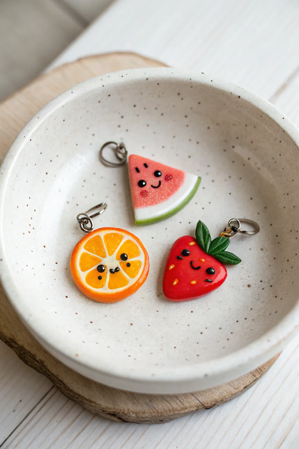 Three tiny kawaii fruit slices on a minimalist dish, bright colors and sweet smiles