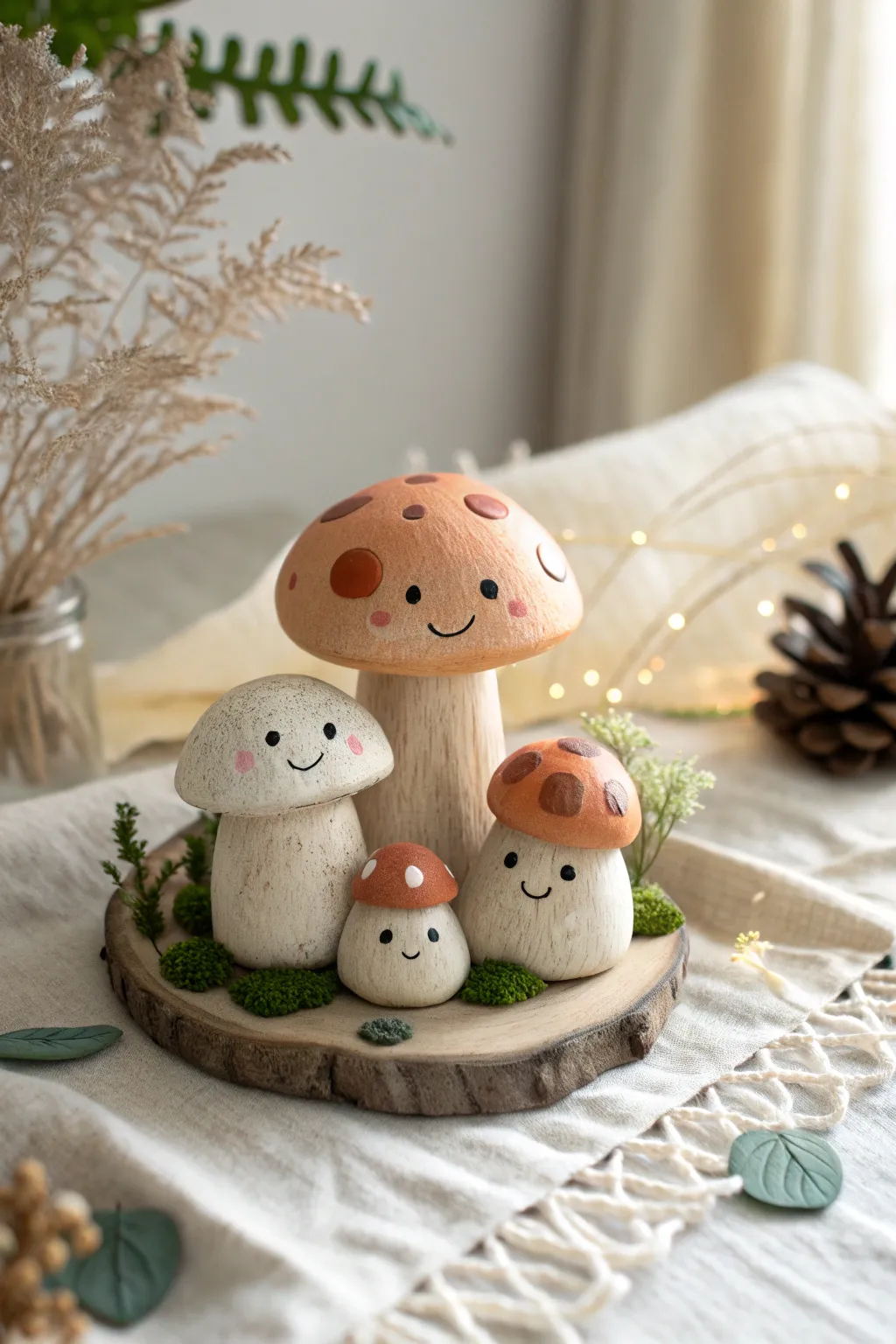 Sweet polka-dot mushroom buddies in soft neutrals, perfect for an easy kawaii clay project