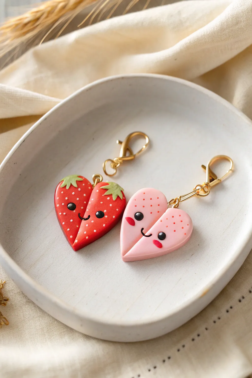 Two kawaii split strawberry heart charms, side by side like besties in a minimalist boho vibe.