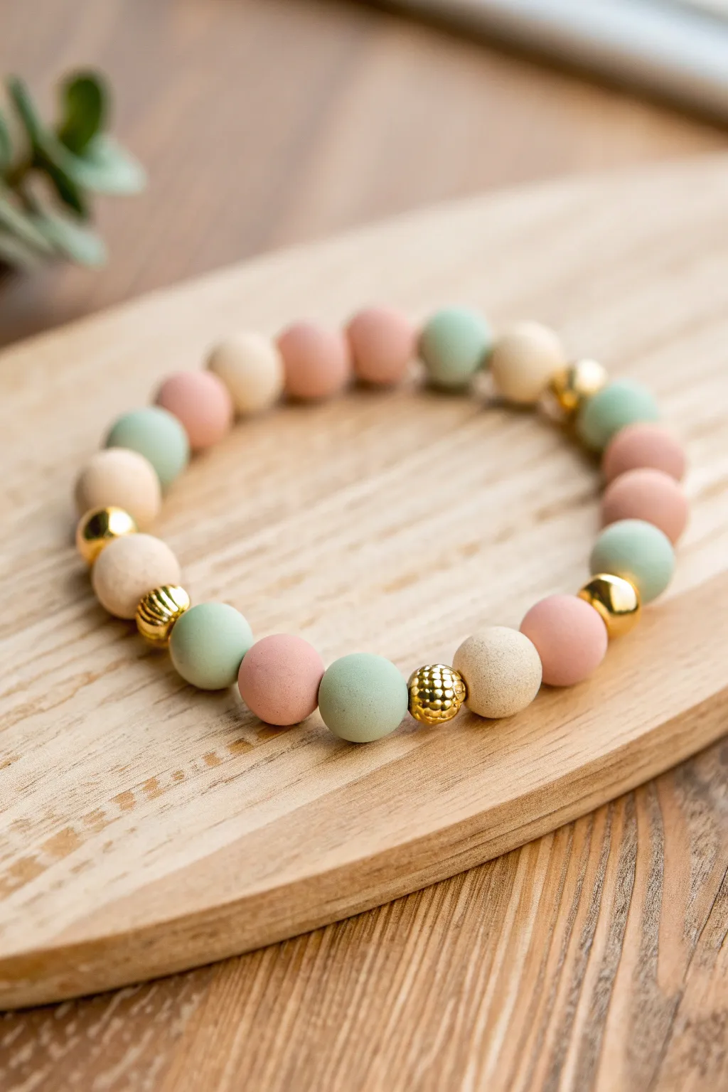Matte pastel clay beads with tiny gold spacers for sweet sparkle breaks kids will love.