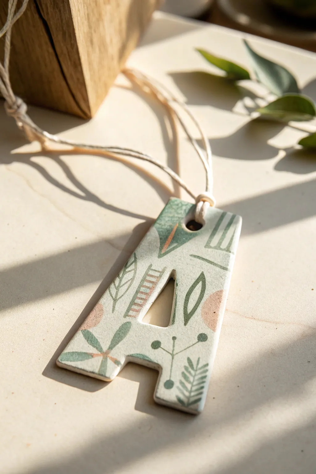 Chunky air-dry clay initial tag with simple painted patterns, perfect for kids backpack ID.