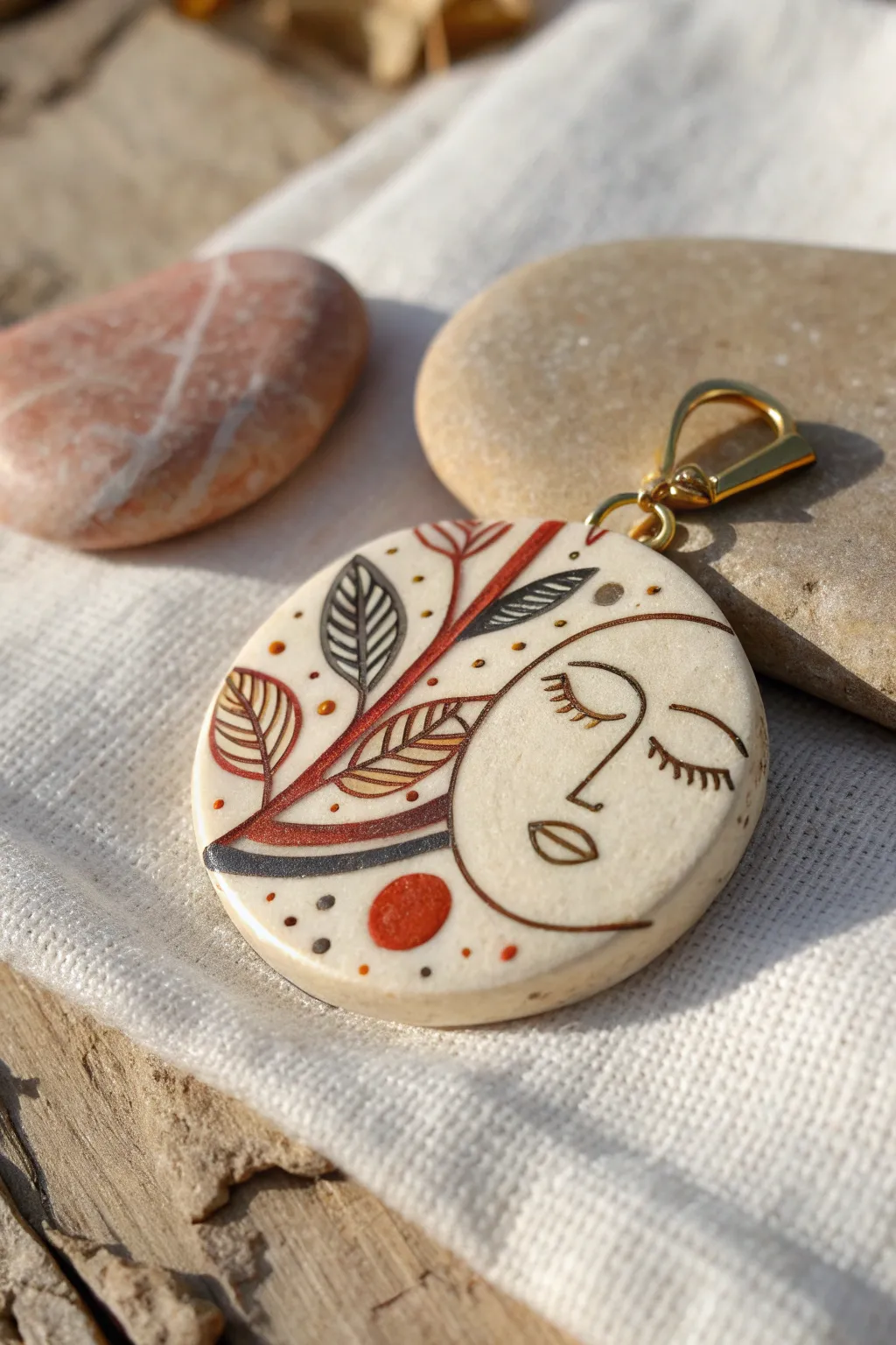 Minimal pendant with glossy liquid polymer clay drizzles, dots, and abstract line art.