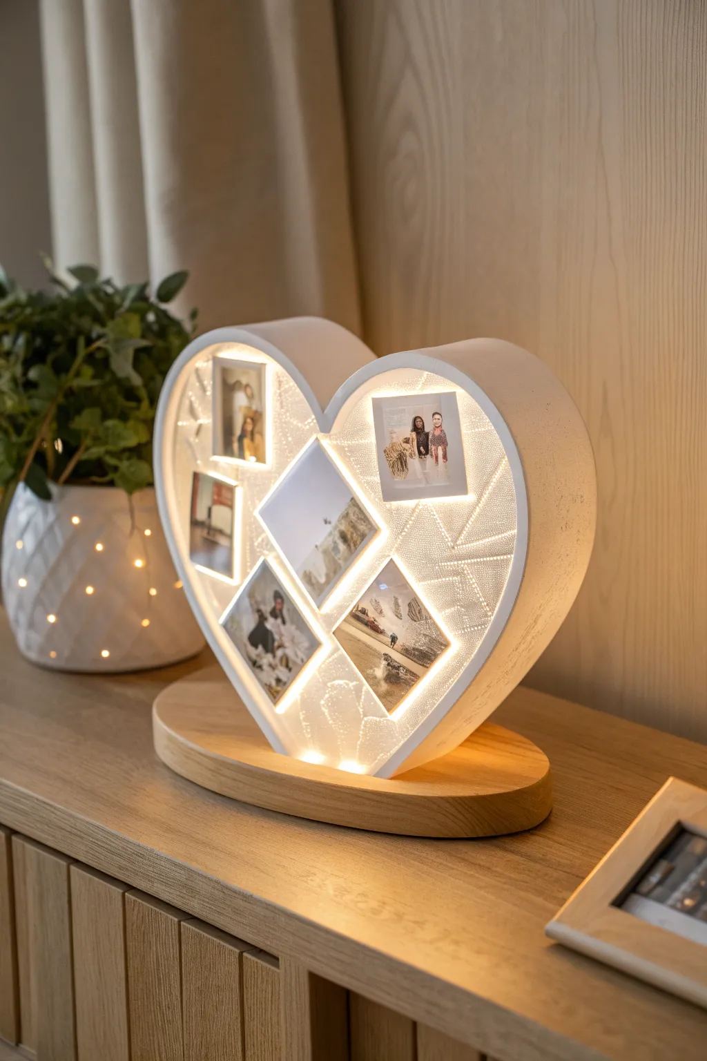 Heart lithophane collage softly backlit, a minimalist keepsake that reveals treasured memories.