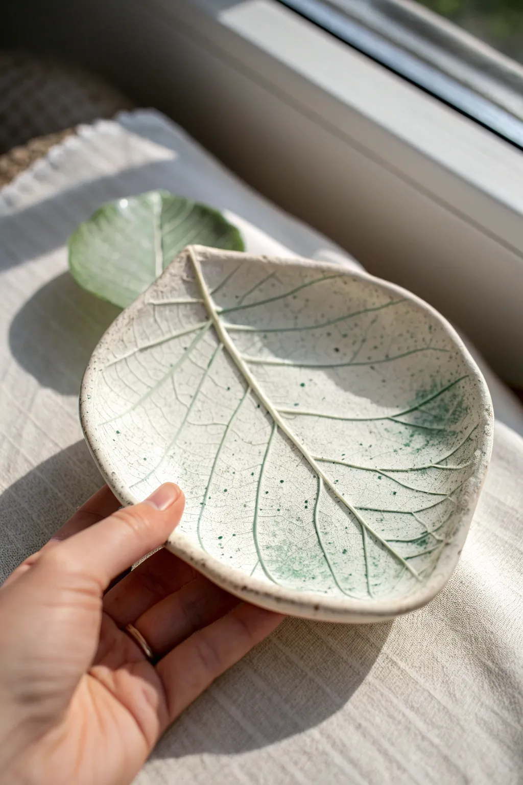 Tiny leaf-stamp tray in airy clay, painted with a soft wash to show every delicate vein.