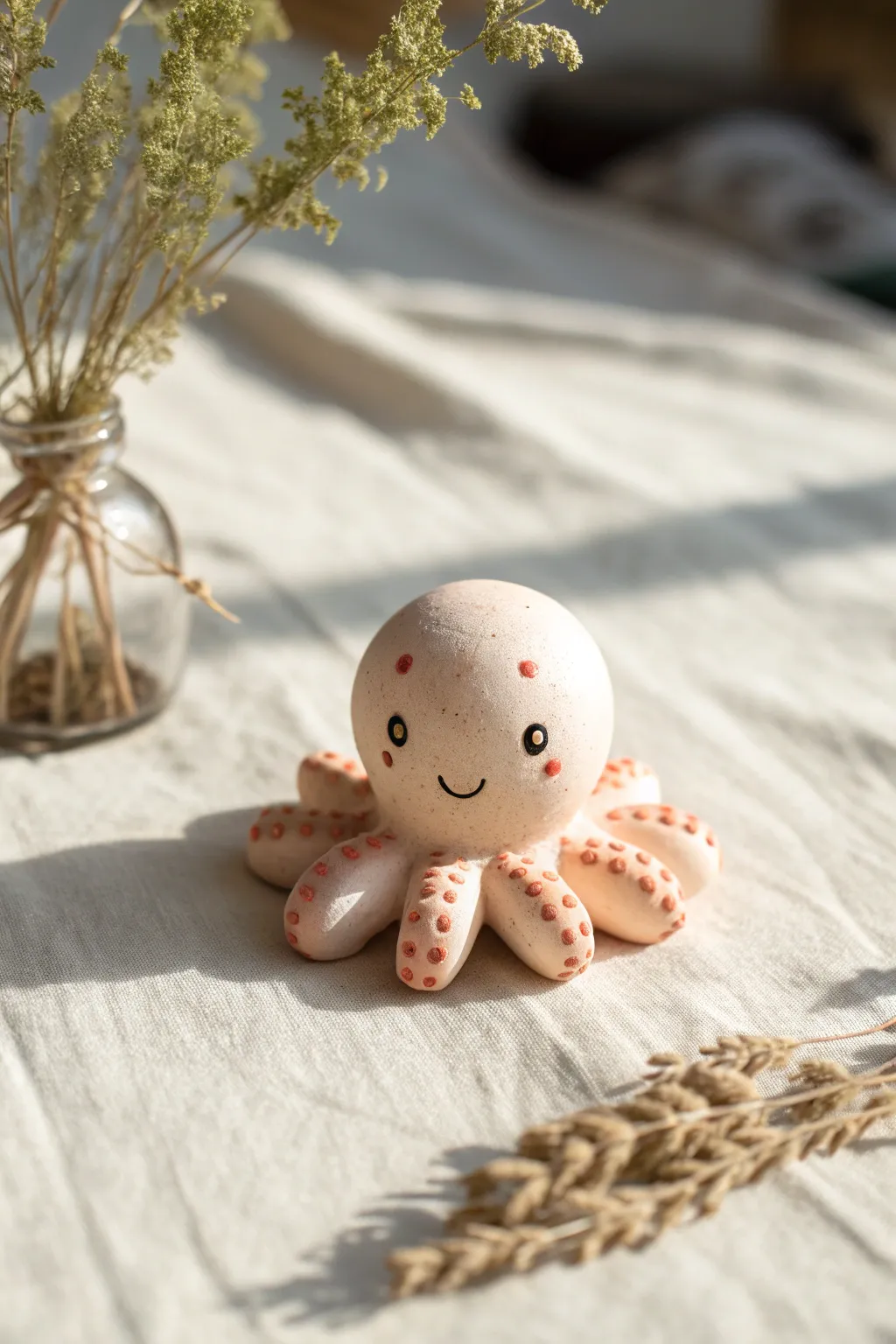Tiny blush clay octopus with curled coil tentacles, minimalist and sweet for easy beginner pottery