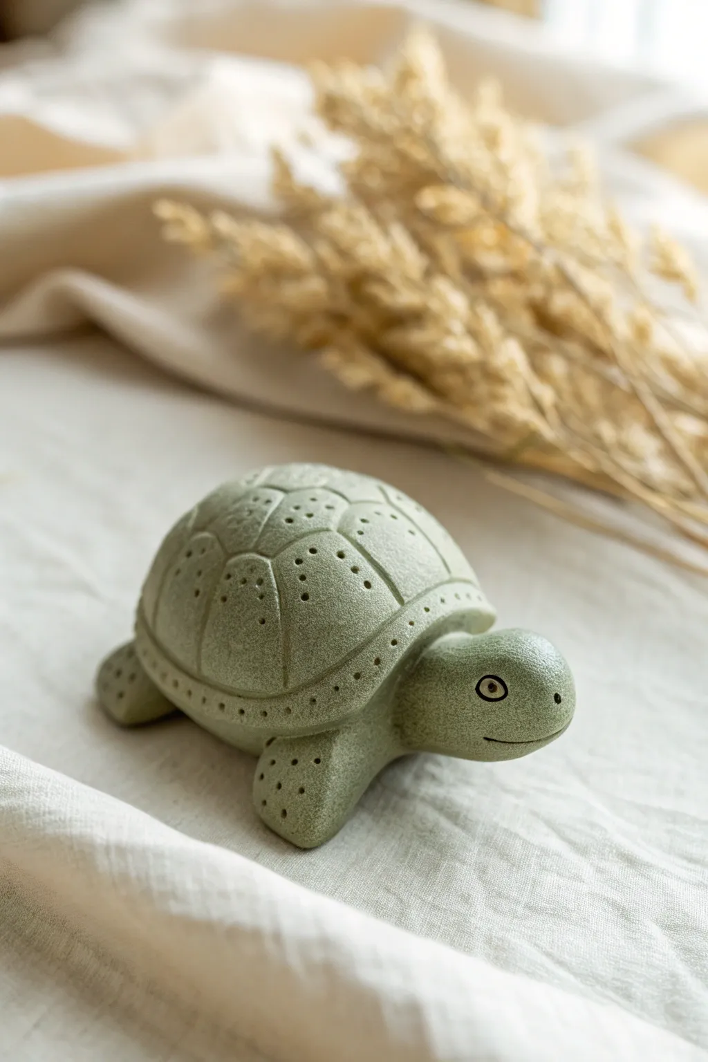 Mini clay turtle with a textured shell and peekaboo head, styled in soft minimalist boho light