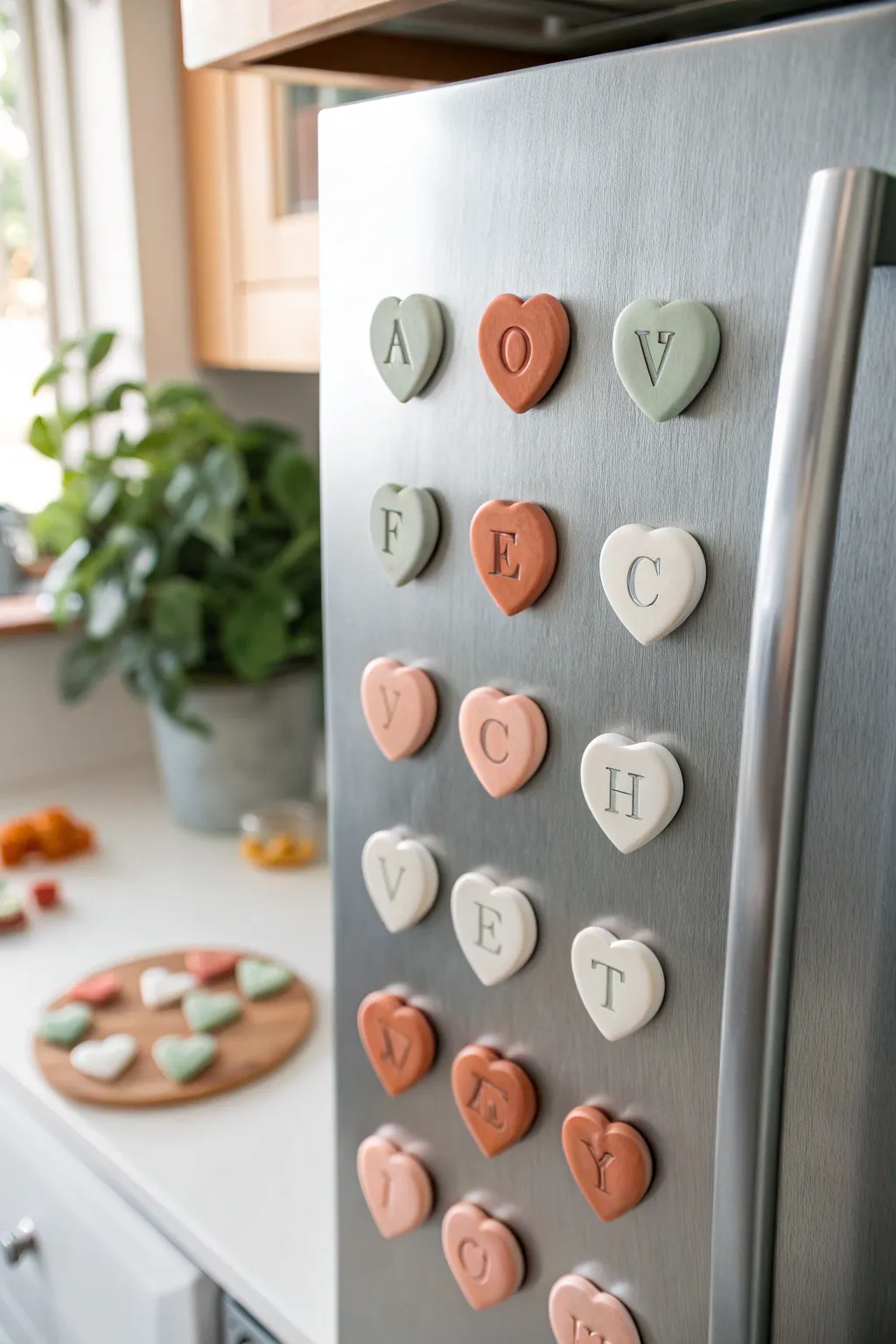 Sweet mini clay heart and initial magnets in a tidy grid, perfect for gifting or decorating.