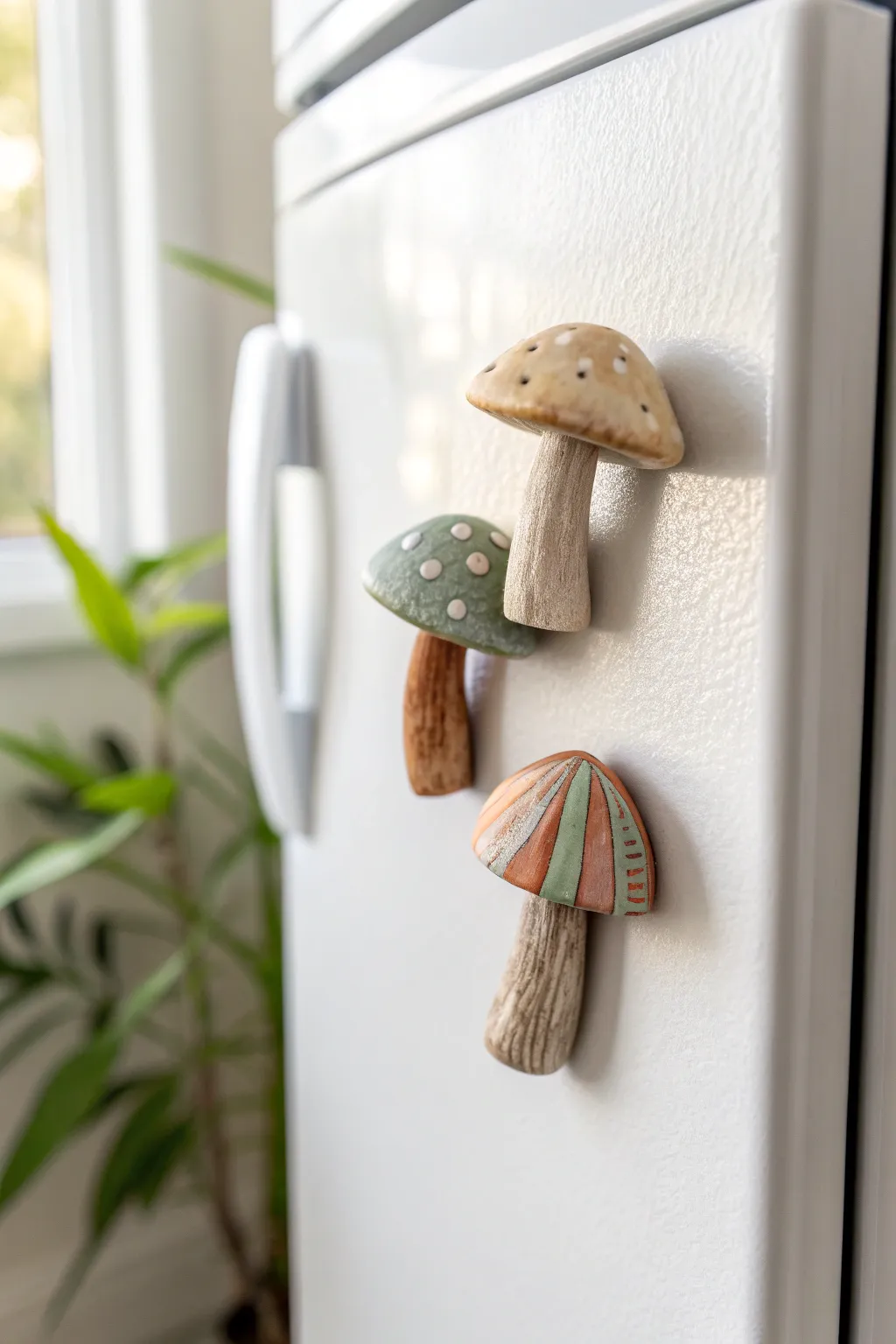 Tiny clay mushroom cluster magnets in earthy tones, minimalist and boho, perfect for a cute fridge