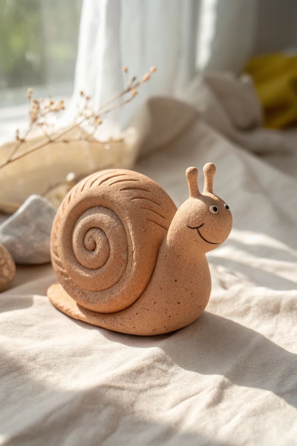 Mini swirl-shell snail sculpture in warm clay, minimal and sweet, perfect for tiny decor.