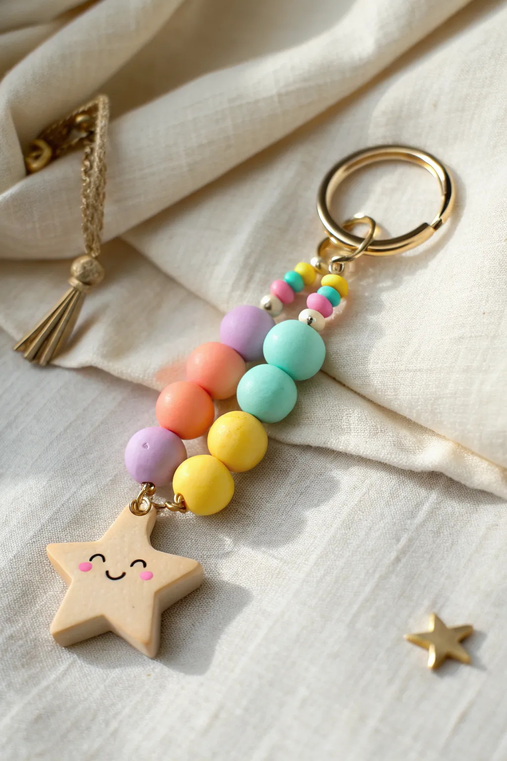 Chunky magic clay bead keyring with a sweet star charm, bright colors on a calm linen backdrop