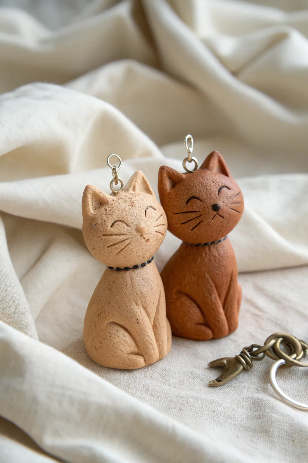 Two coordinated clay cat charms in light and dark tones, styled on cozy linen with blush cheeks.