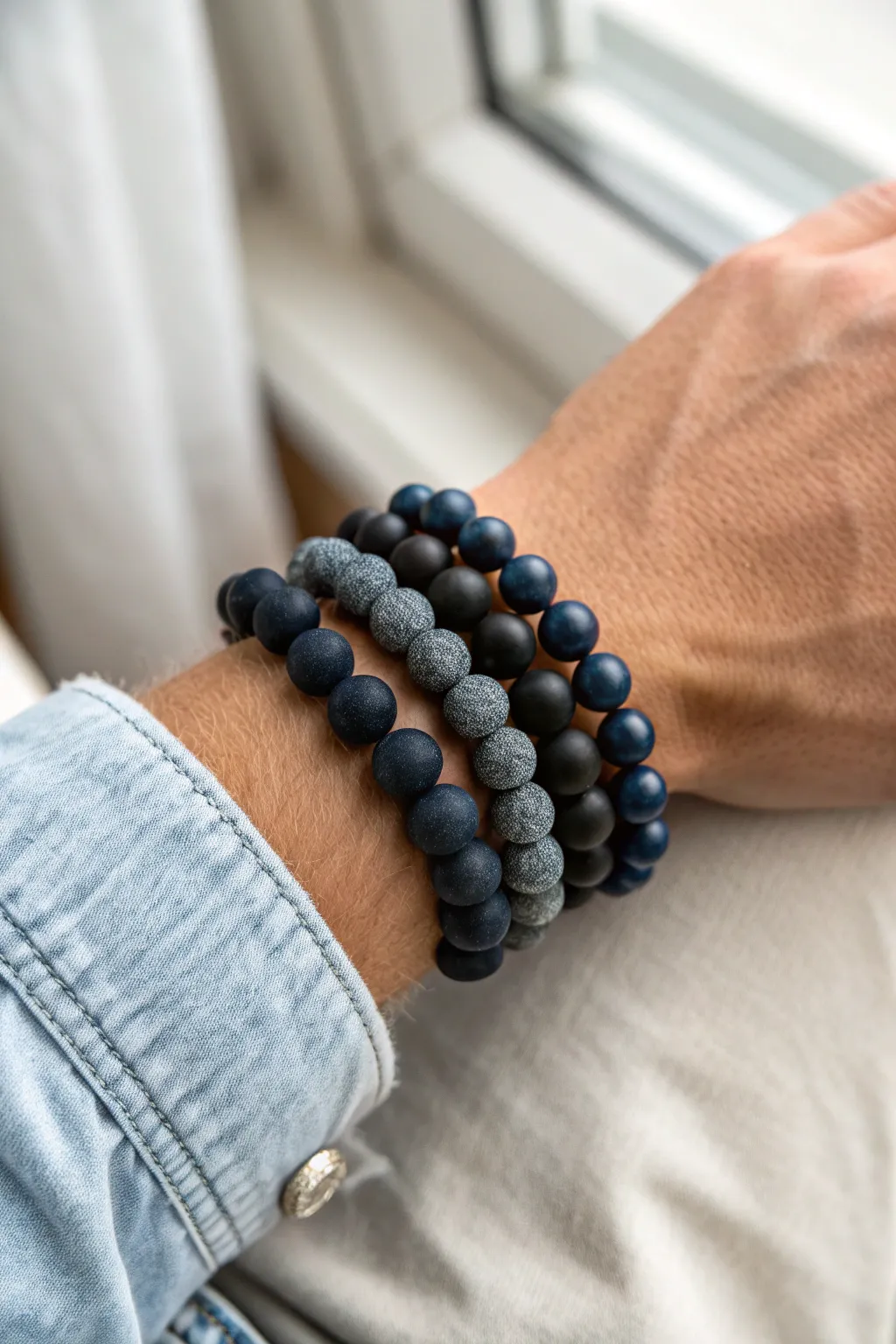 Monochrome clay bead bracelets stacked in black, charcoal, and navy for a clean modern look