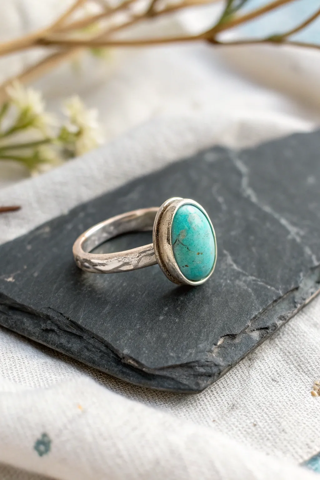 Organic bezel-set cabochon ring in silver metal clay, minimalist styling on slate for bold contrast