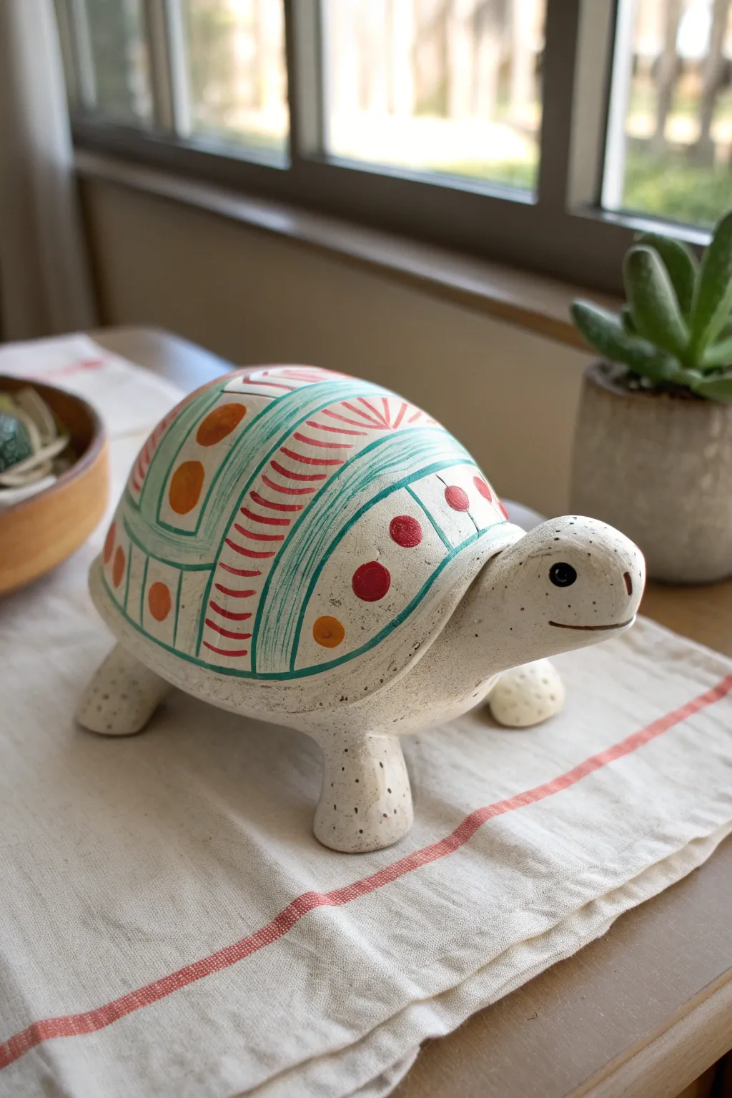 Playful hollow turtle with carved texture and bold patterns, perfect for middle school clay class