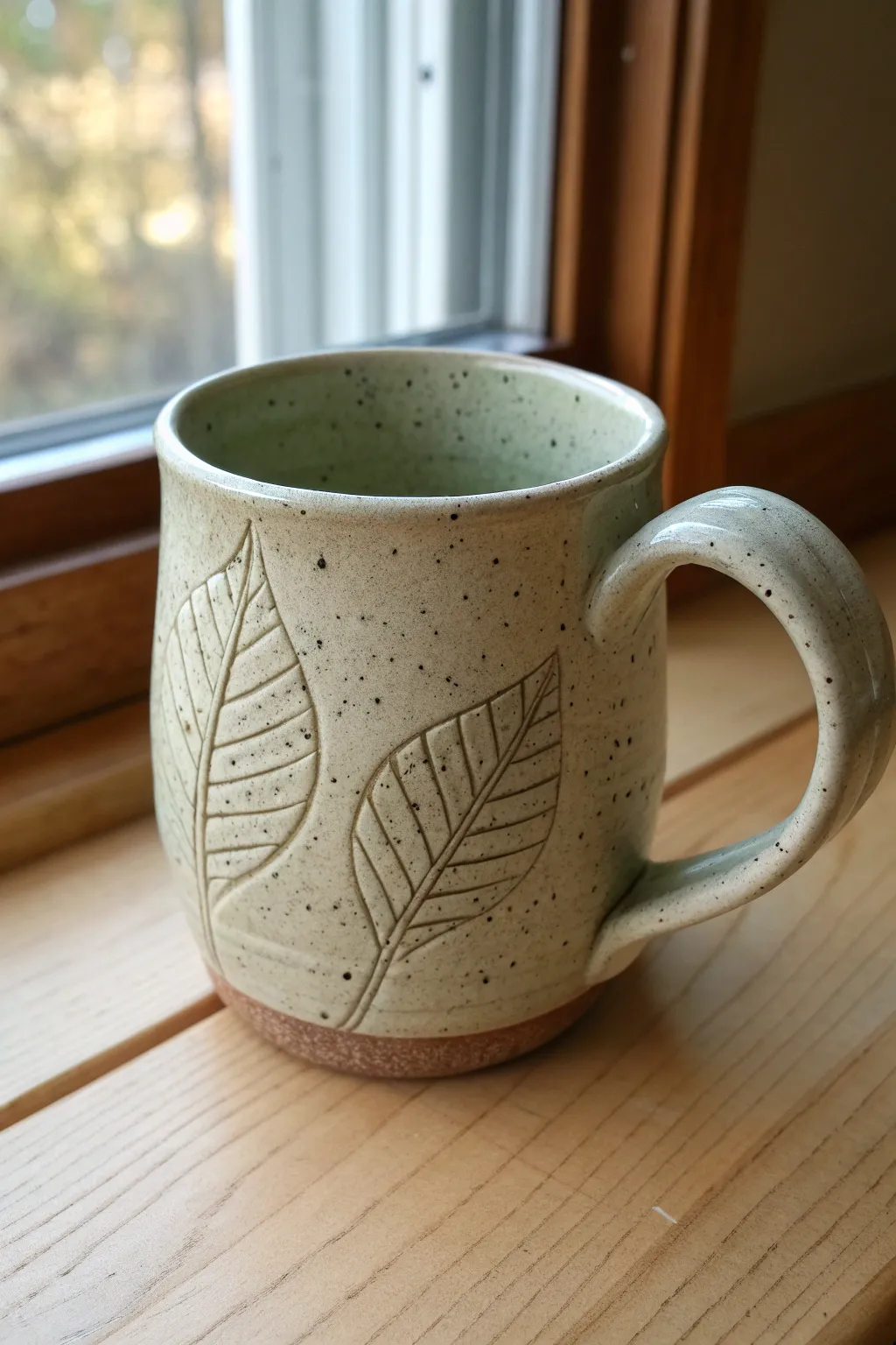 Leaf-stamped nature mug with glaze pooled in the veins for a calm Scandinavian-boho finish.