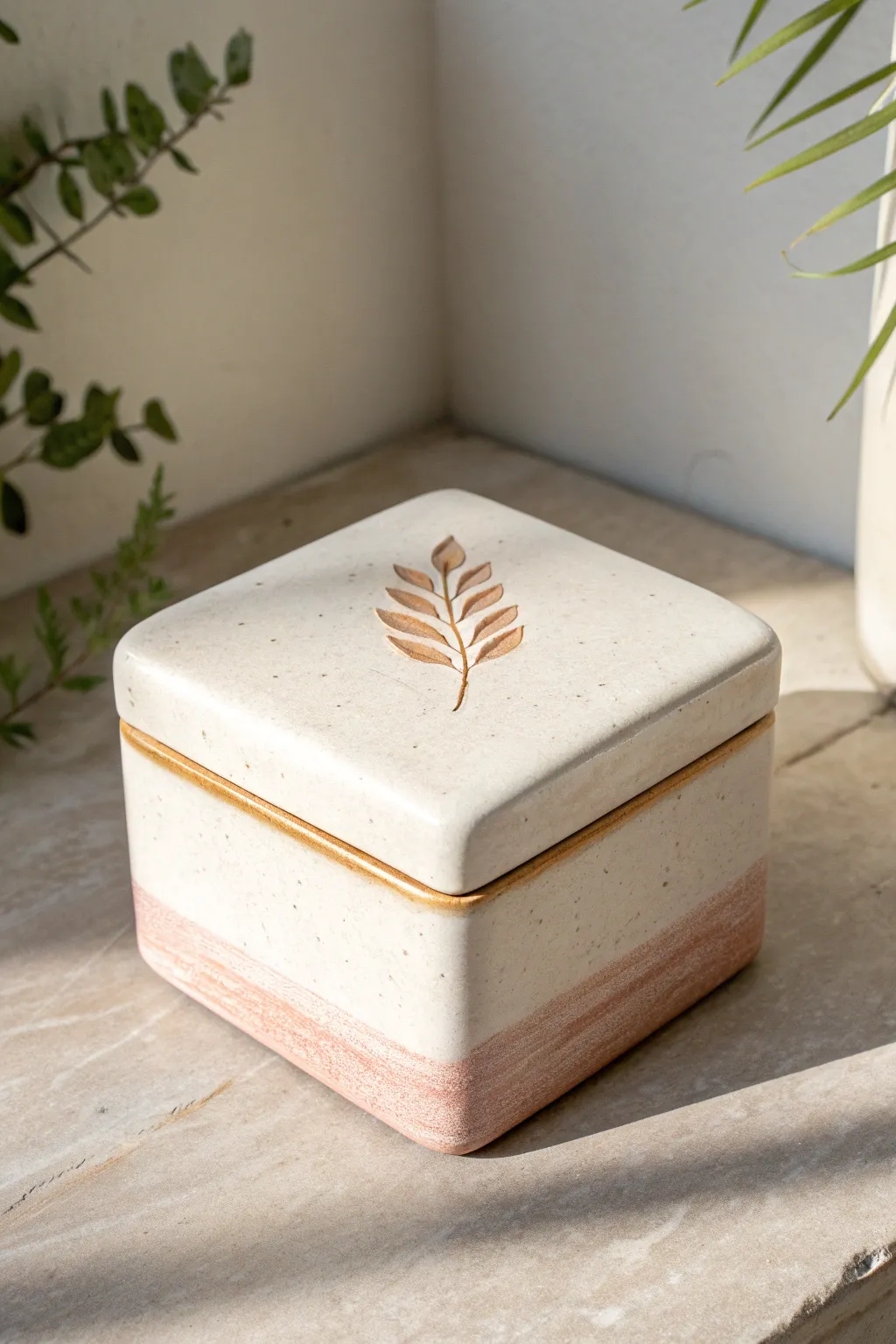 Middle school slab trinket box idea: a clean lidded box with a simple raised leaf detail.