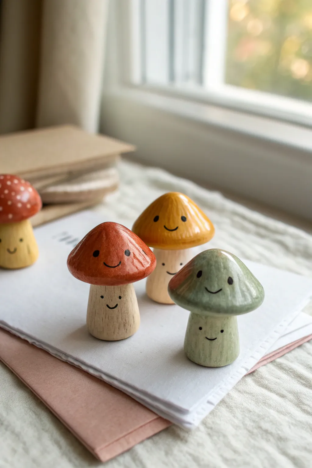 Mini mushroom buddy figurines with sweet smiles and earthy caps for adorable tiny clay art ideas.