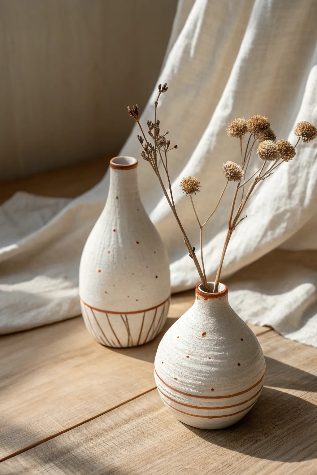 A sweet duo of micro bud vases for a mini clay date, simple lines and dried blooms
