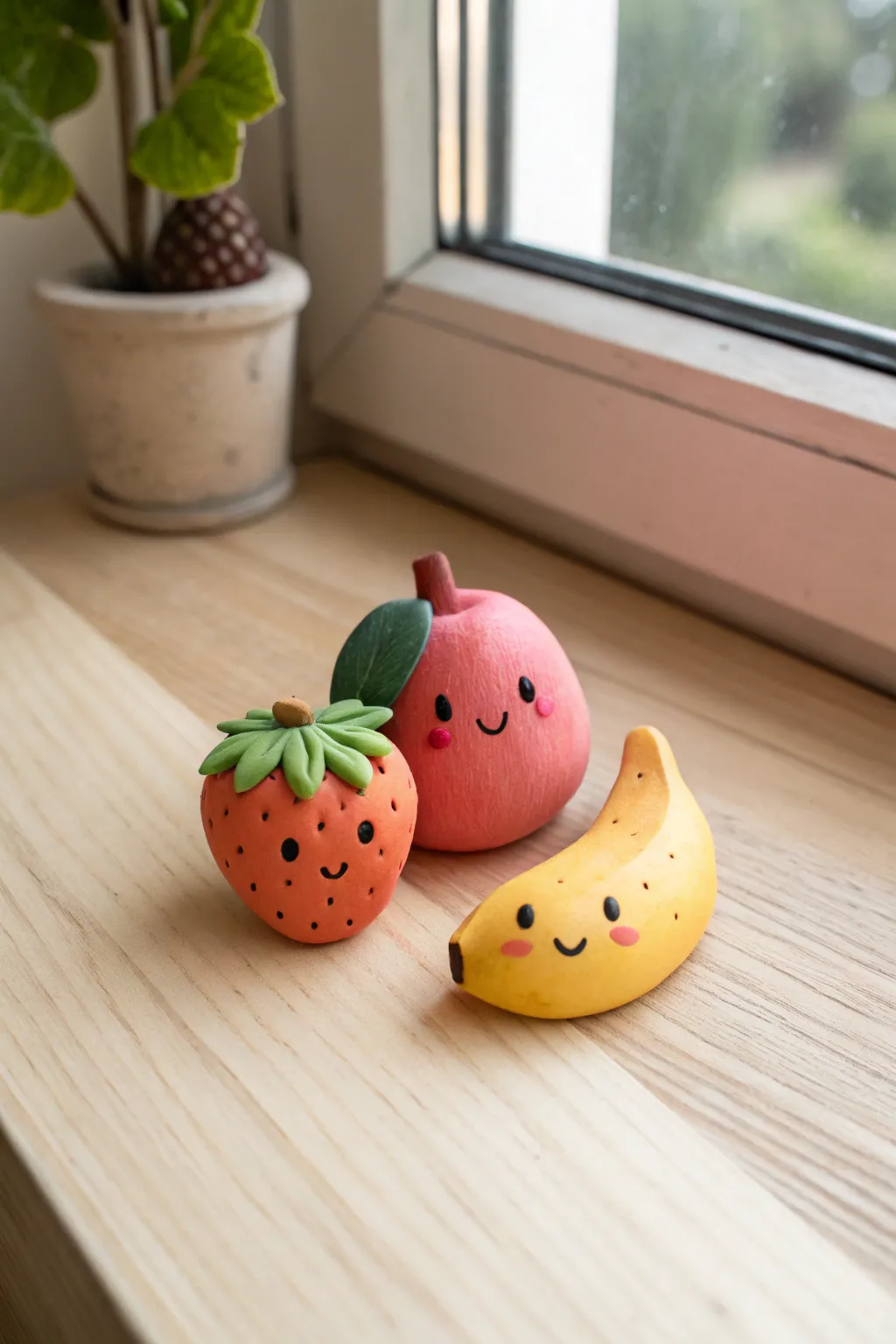 Tiny fruit friends with leaf toppers, a sweet mini clay trio in soft minimalist style
