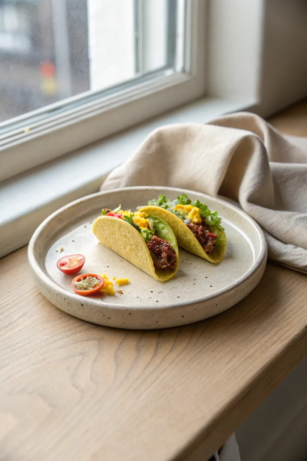 Mini clay tacos with vibrant fillings on a minimalist plate in soft Scandi boho light.