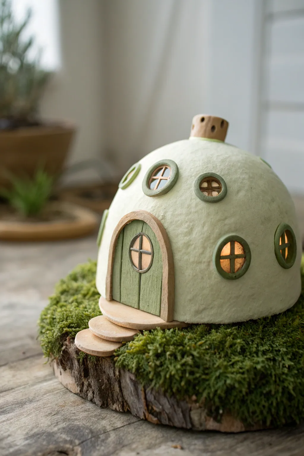 Round-door hillside mini clay house: simple, cozy, and charming with soft mossy texture.