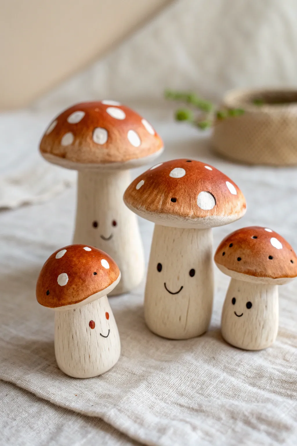 Mini Mushroom Friends in clay: chunky stems, dotted caps, and one sweet smile in scandi-boho style