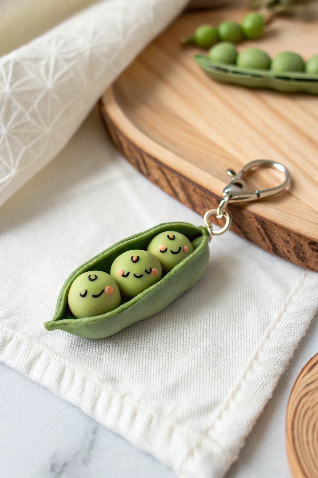 Sweet peas-in-a-pod mini charm with tiny faces, simple beginner clay project