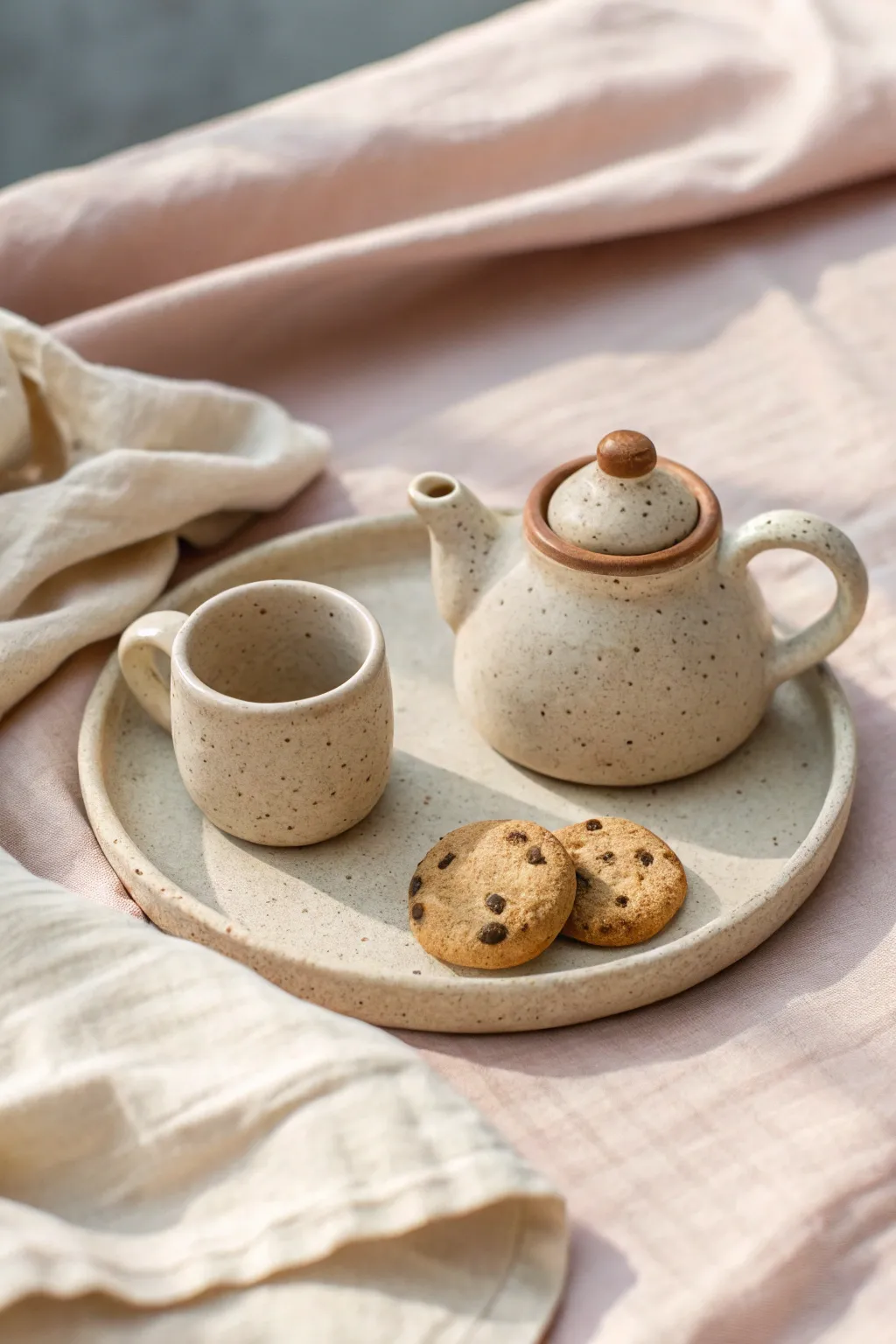 Tiny clay tea set trinkets on a blush backdrop, Scandinavian minimal with a soft boho vibe.