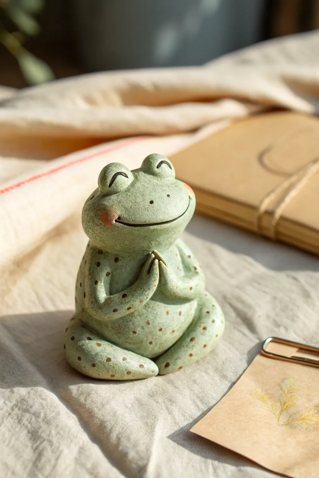 Mini Frog Buddy desk companion, a tiny clay cutie with blush cheeks for calm workspace vibes.