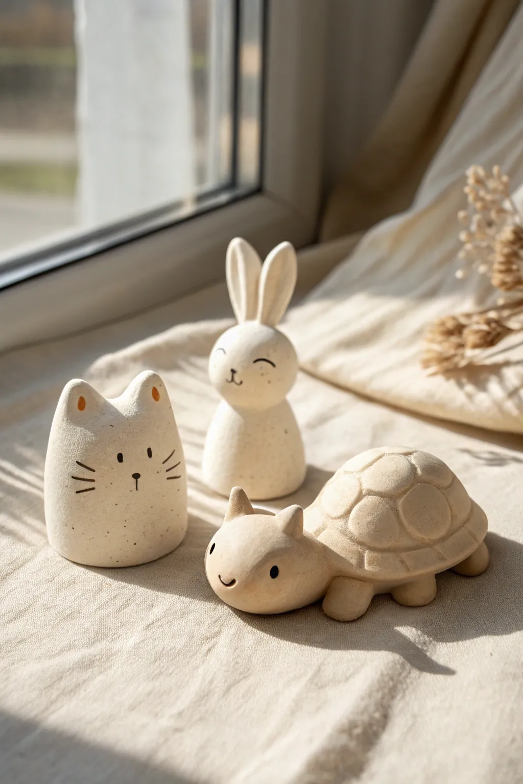 Mini clay animal trio in soft neutrals: cat, bunny, and turtle, simple and charming.